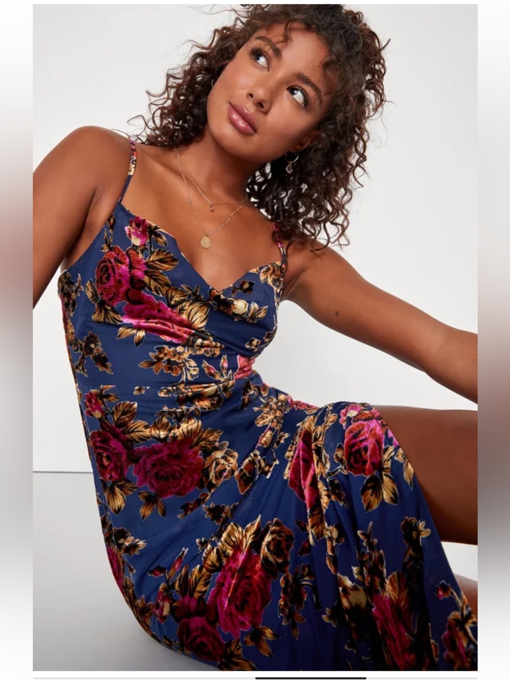 NWT Lulus Chic Romantic Navy Blue Burnout Velvet Floral Cowl Neck Dress - Picture 3 of 8